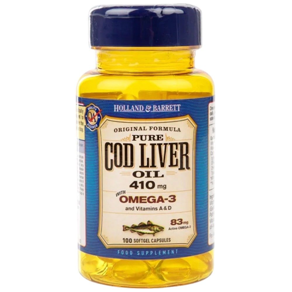 Čistý olej z tresčej pečene 410 mg / s vitamínom A&D - 100 gélových kapsúl