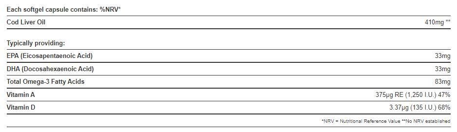 Čistý olej z tresčej pečene 410 mg / s vitamínom A&D - 100 gélových kapsúl