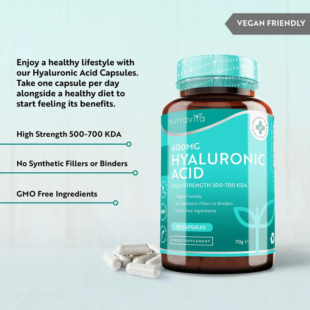 Kyselina hyalurónová 600 mg / Kyselina hyalurónová 600 mg /90 kapsúl, 90 dní/ <tc>Nutravita</tc>