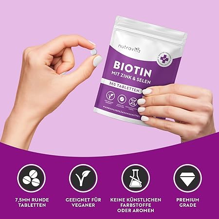 Tablety Biotín + Selén + Zinok na pokožku, vlasy a nechty – 365 vegánskych tabliet na 1 rok <tc>Nutravita</tc>
