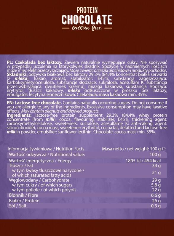 Proteínová čokoláda Bez laktózy - 100 gramov