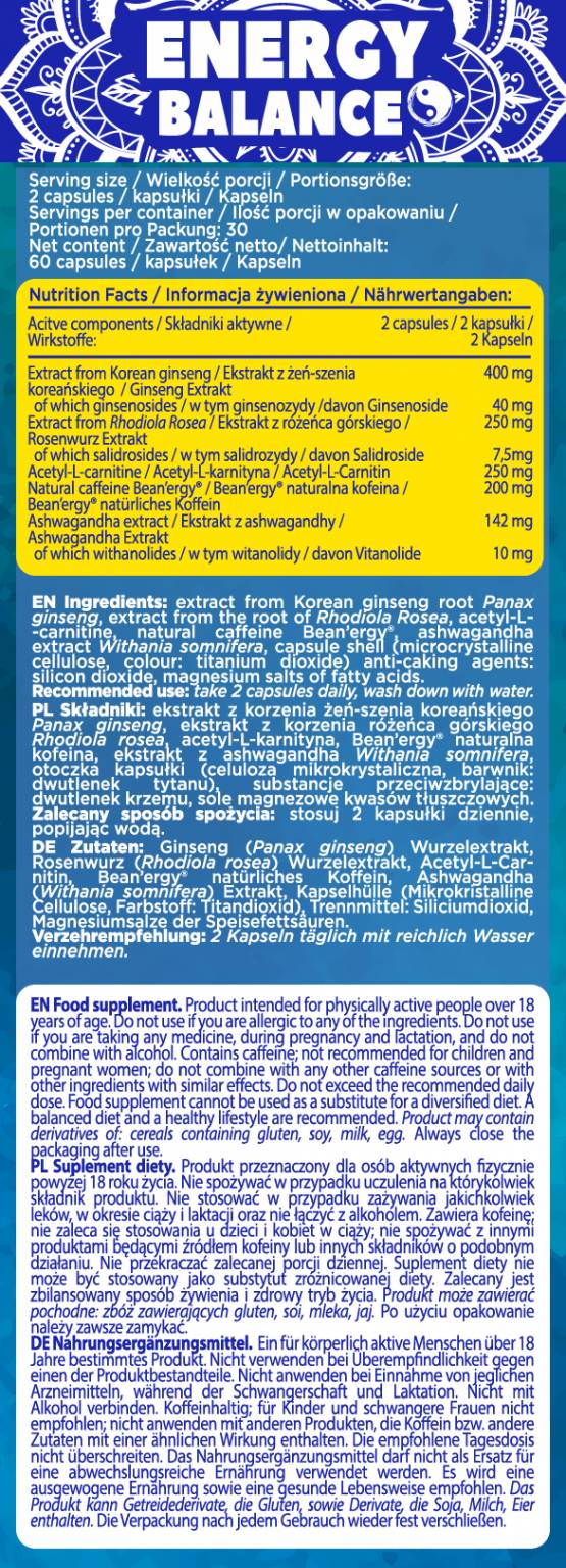 Energetická bilancia Prírodný kofeín + adaptogény - 60 kapsúl