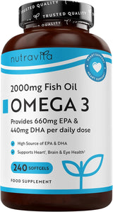 Omega 3 2000 mg /EPA 660 mg, DHA 440 mg/ Čistý rybí olej /240 kapsúl, 120 dávok/ <tc>Nutravita</tc>