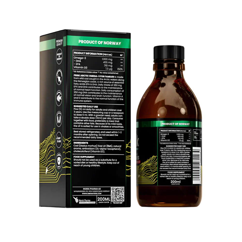 Arktická kvapalina-tekutý omega-3-citrónová príchuť / 100% divoká treska z Nórska-200 ml