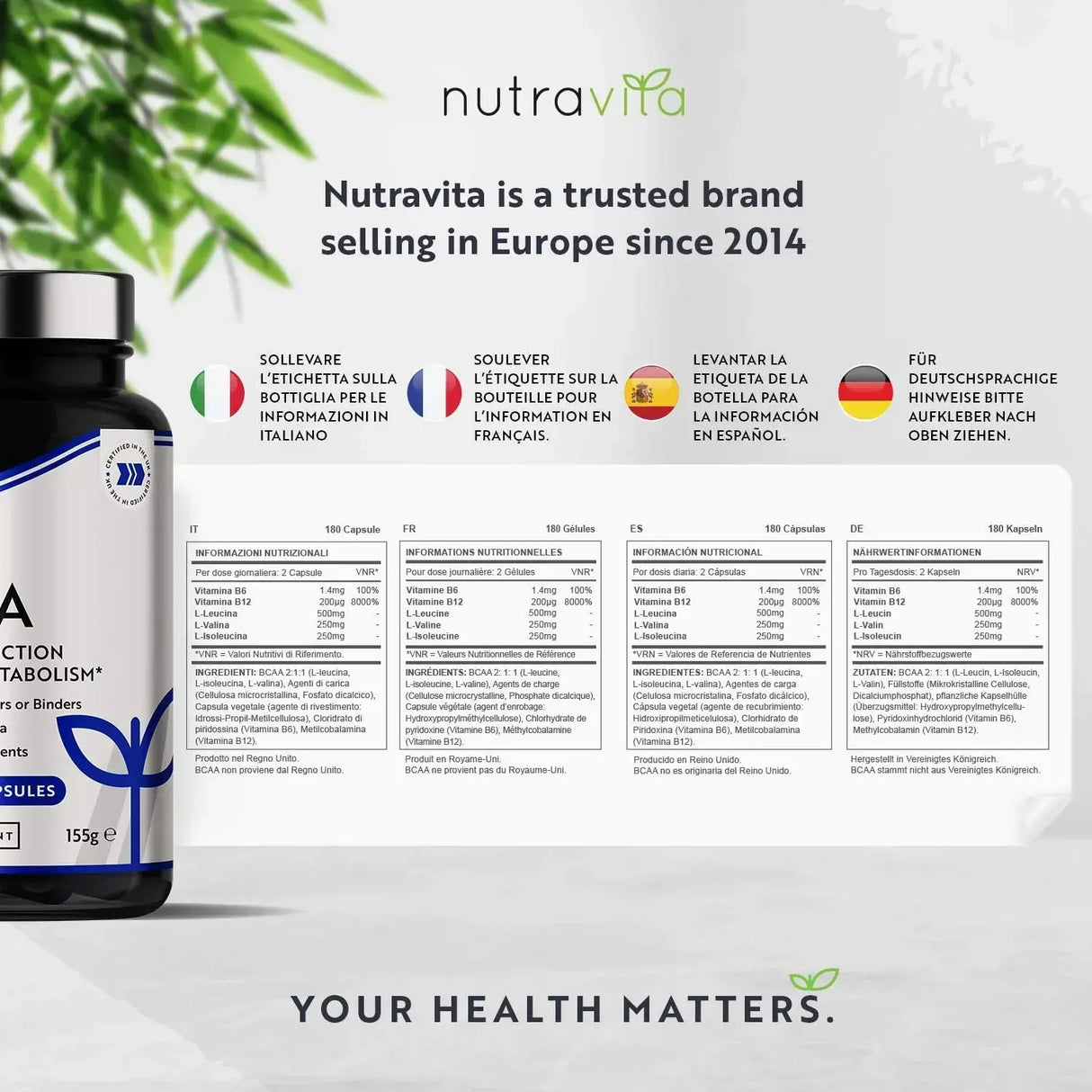 BCAA (2:1:1) s vitamínmi B6 a B12 - 180 Vcapsules. <tc>Nutravita</tc>