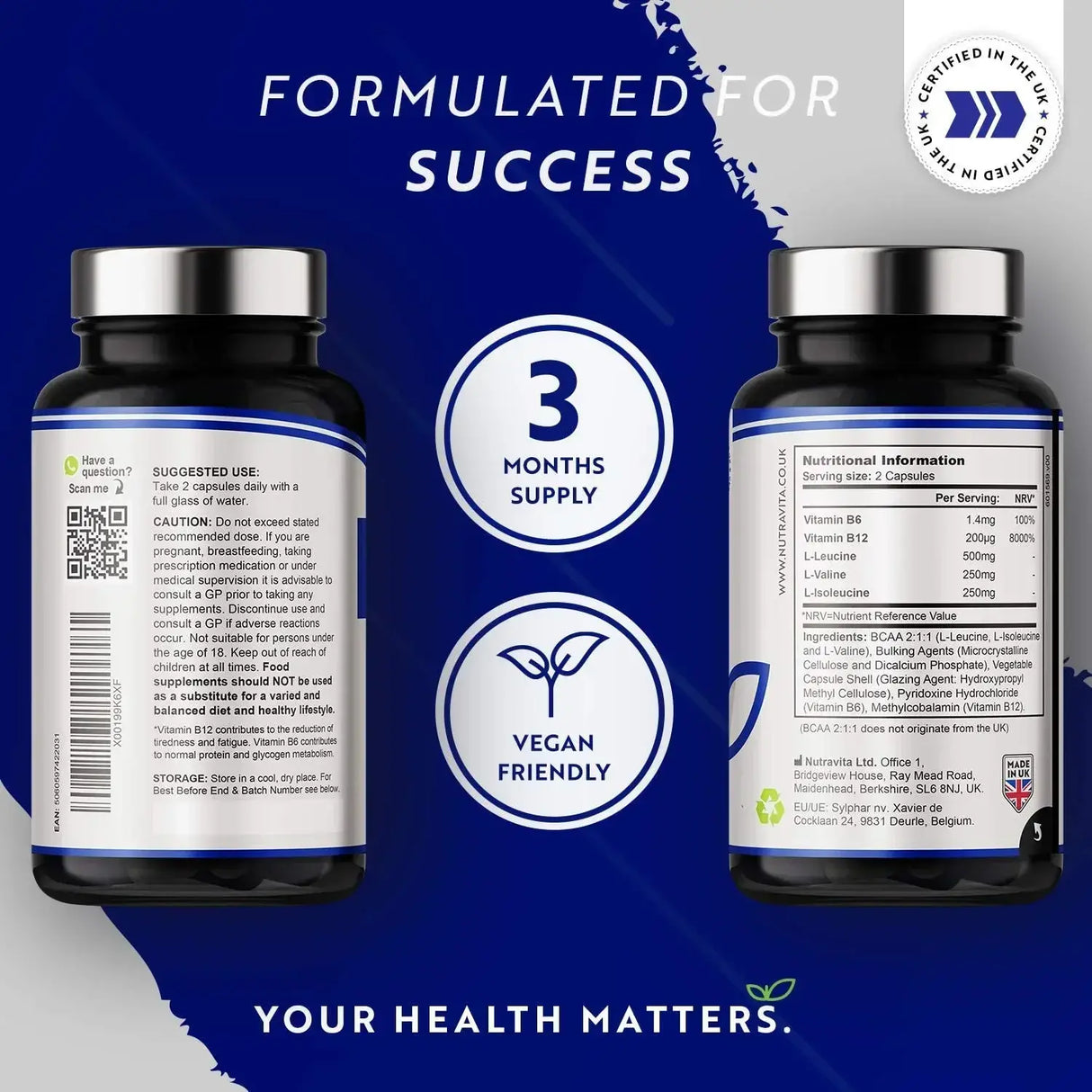 BCAA (2:1:1) s vitamínmi B6 a B12 - 180 Vcapsules. <tc>Nutravita</tc>