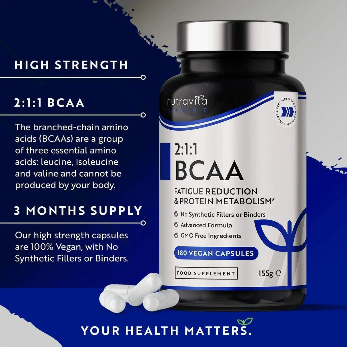 BCAA (2:1:1) s vitamínmi B6 a B12 - 180 Vcapsules. <tc>Nutravita</tc>