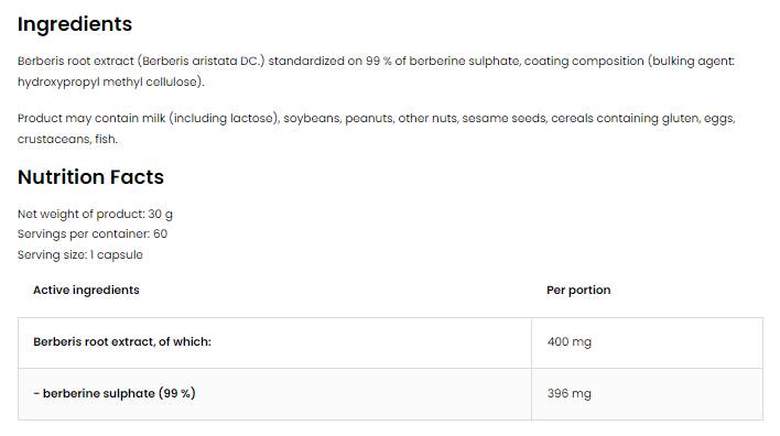 Berberine Sulfát 396 mg | 99% berberis koreňový extrakt 60 kapsúl