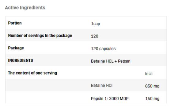 Betaine HCl 650 mg + pepsin - 120 kapsúl