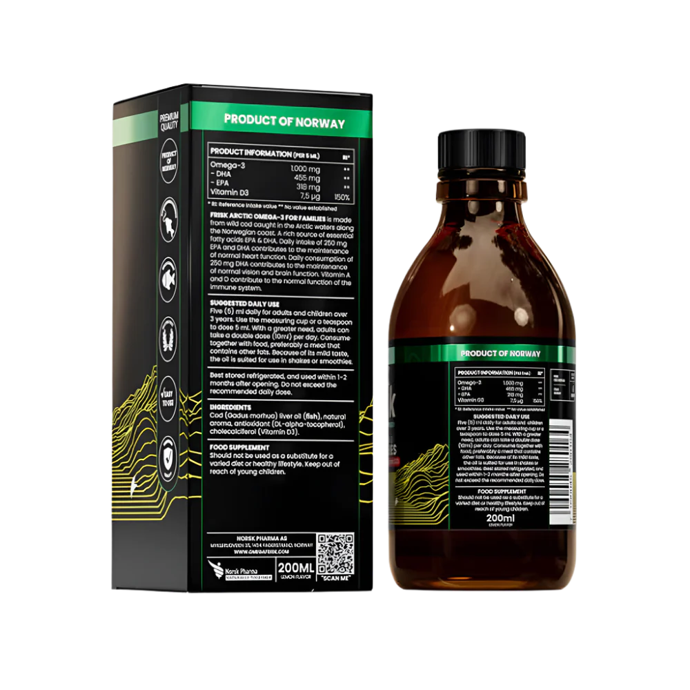 Arktická kvapalina-tekutý omega-3-citrónová príchuť / 100% divoká treska z Nórska-200 ml