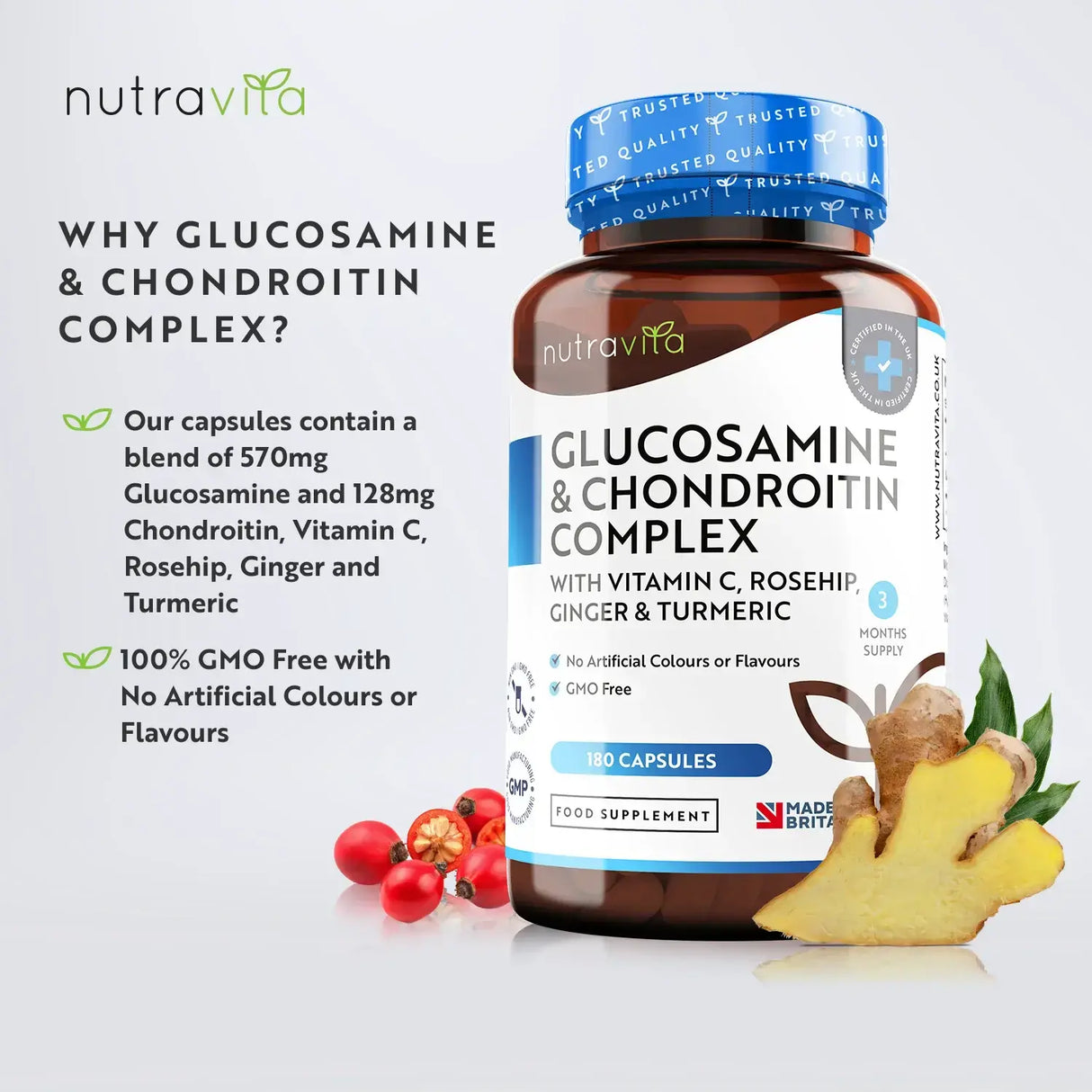 Glukosamín chondroitín /180 kapsúl, 90 dní/ s kurkumou, zázvorom a vitamínom C <tc>Nutravita</tc>