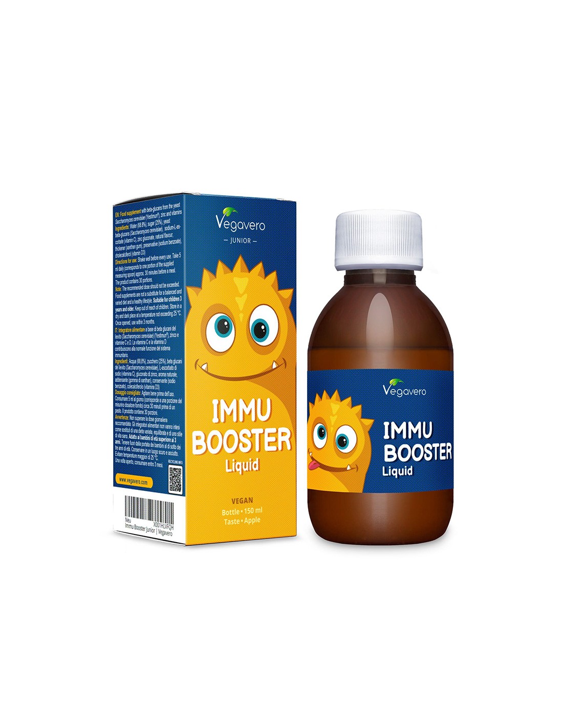 Immu Booster Liquid - imunitný posilňový sirup pre deti s beta glukánmi, zinok + vitamín C a D3, 150 ml, príchuť jabĺk