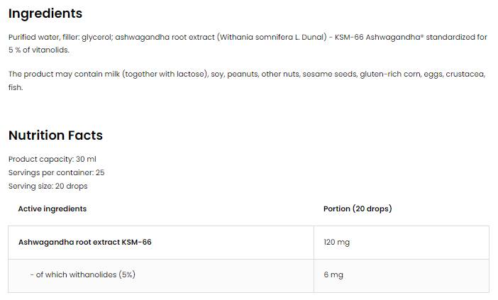 KSM-66 Ashwagandha Drops Extrakt z koreňového extraktu Ashwagandha 30 ml