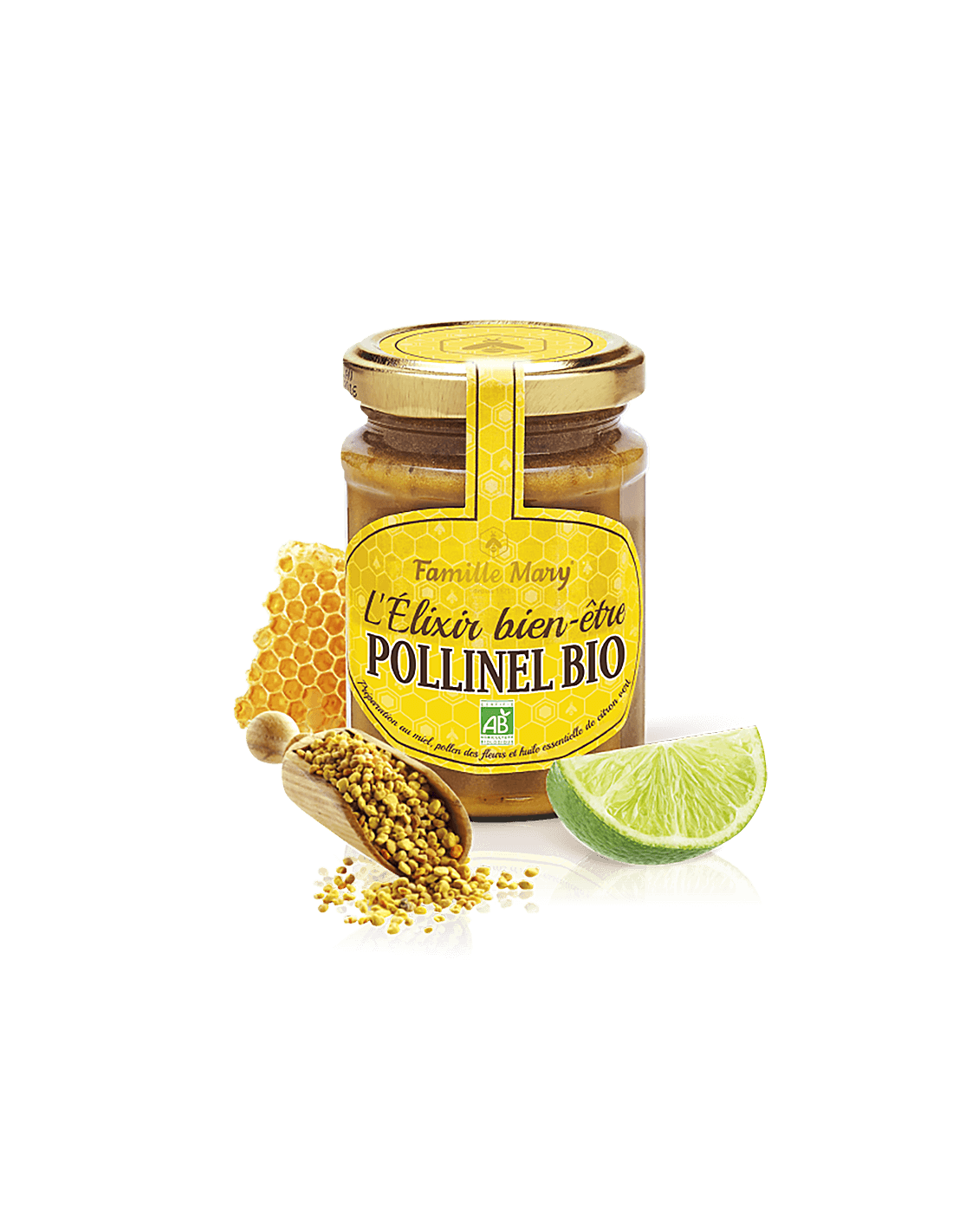 L'Elixir Bien-être Pollinel Bio/ Organic Floral Honey s peľom včelám a esenciálnym limetkovým olejom, 230 G Famille Mary