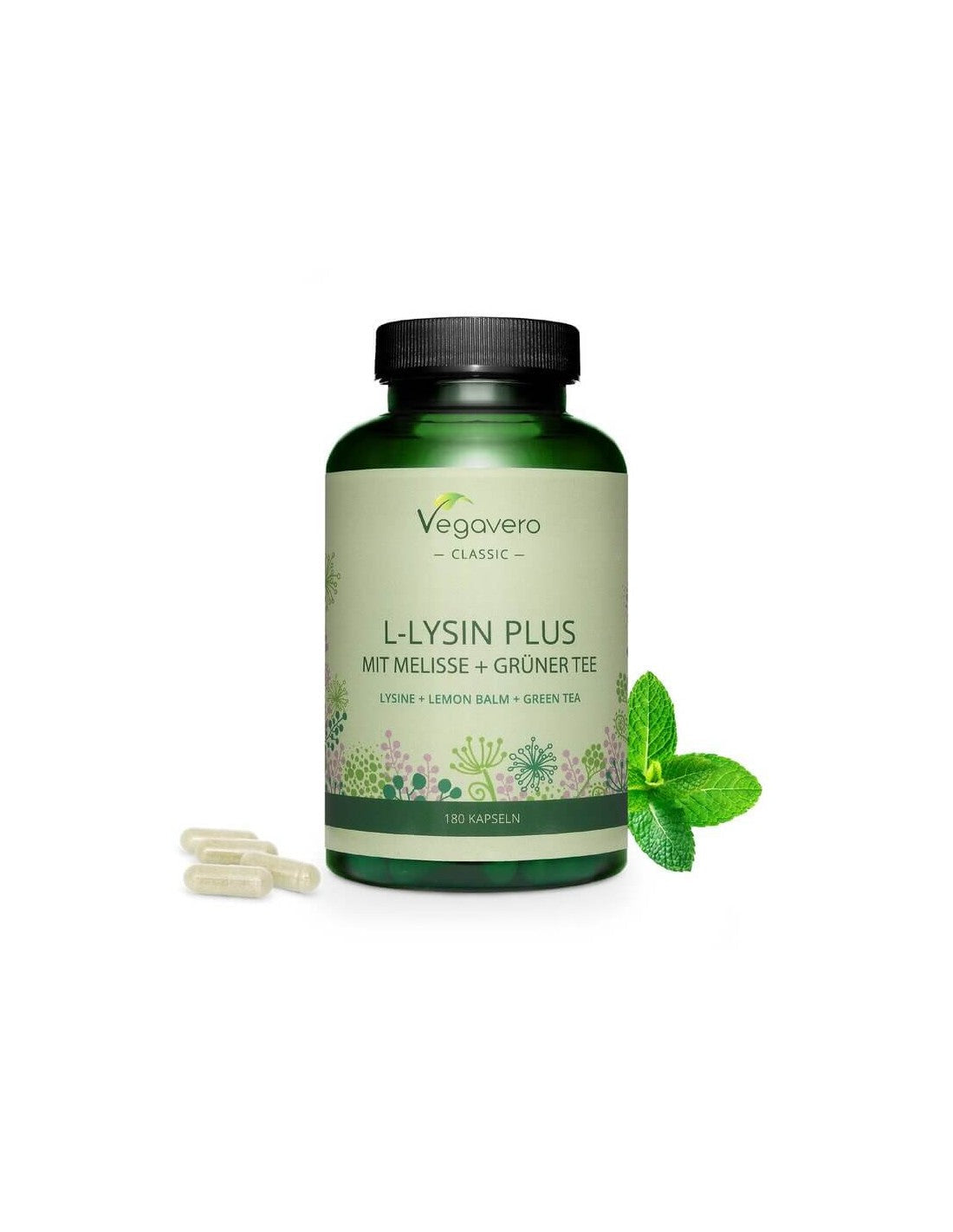 L-lysin plus mit melisse + grünter tee/ L-lysin + medovka a zelený čaj, 180 kapsúl, 100% vegan <tc>Vegavero</tc>