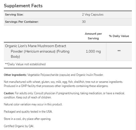 Lion's Mane 500 mg | Vyrobené z húb organických levov - 60 kapsúl