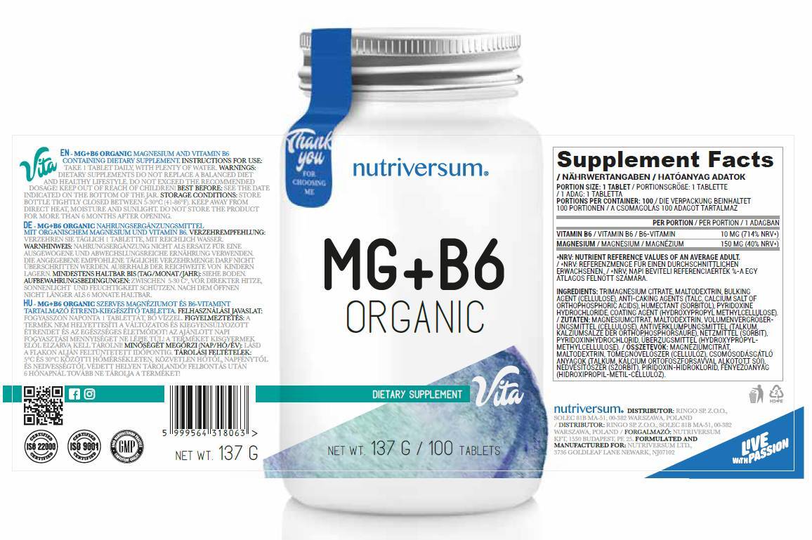 Mg + B6 | Organický horčík + vitamín B6 - 60 tabliet