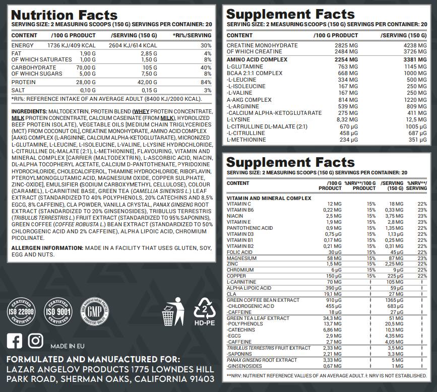 Masívny zisk s kreatínom, aminokyselinami a vitamínmi - 3000 gramov