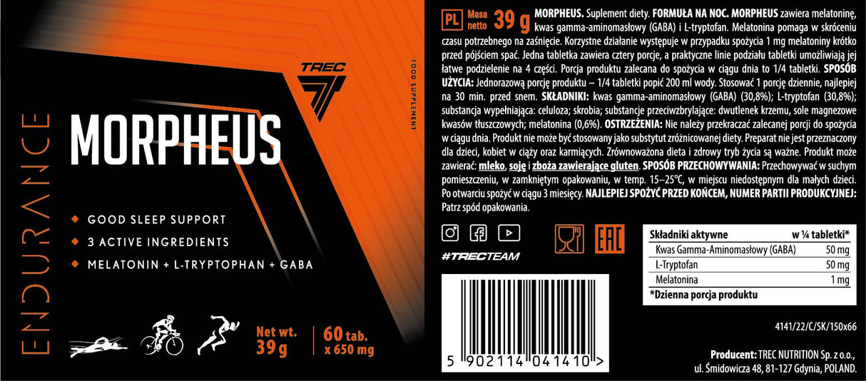 Morpheus Endurance Podpora na dobrú noc s melatonínom, L -tryptofanom a Gaba - 60 tabliet
