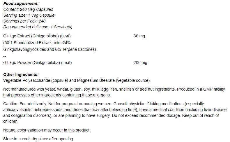Ginkgo Biloba 60 mg - 240 kapsúl