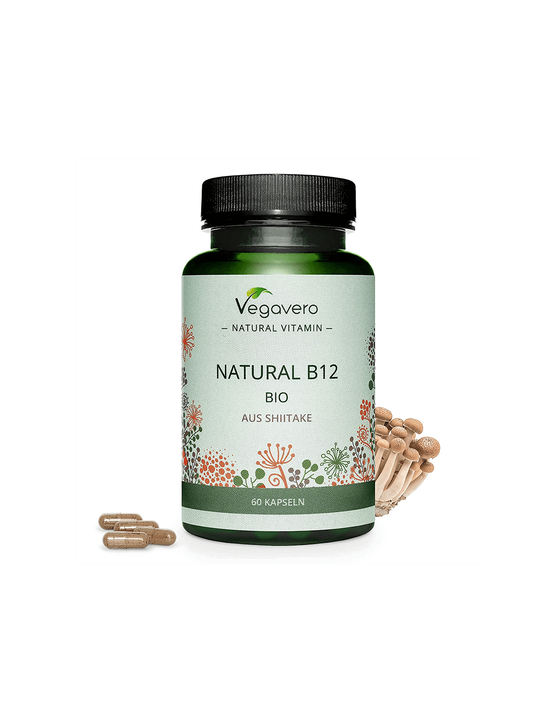 Prírodný B12 BIO aus Shiitake/ Vitamín B12 (z bio liečivých húb shiitake), 60 kapsúl, 100% vegan <tc>Vegavero</tc>