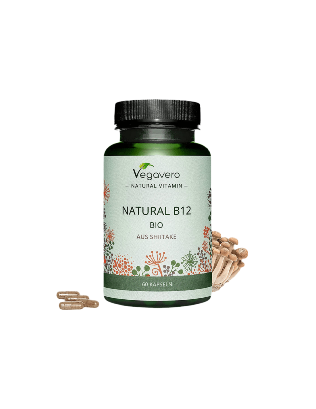 Prírodný B12 BIO aus Shiitake/ Vitamín B12 (z bio liečivých húb shiitake), 60 kapsúl, 100% vegan <tc>Vegavero</tc>