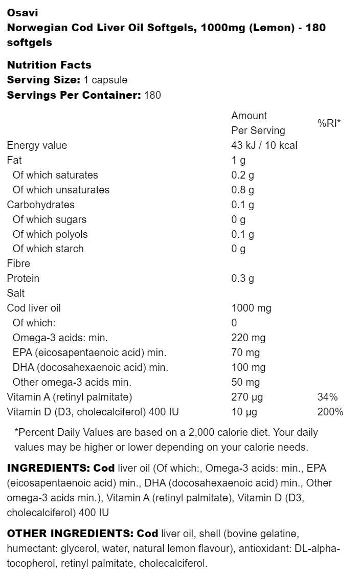 Nórsky olej z pečene 1 000 mg | Citrónovo príchuť - 180 gélových kapsúl
