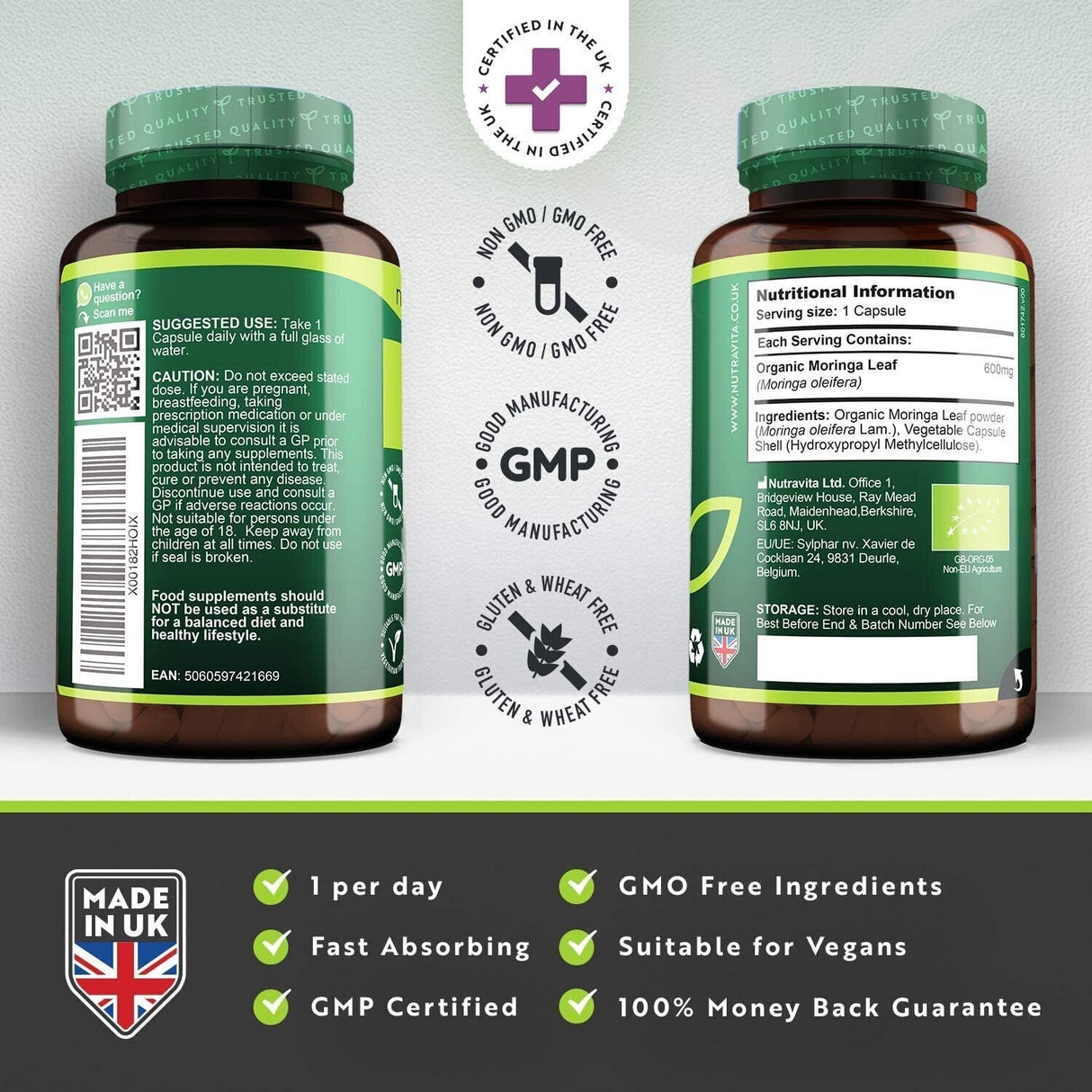 Organic Moringa - Bio Moringa 600 mg 120 Veganské kapsuly
