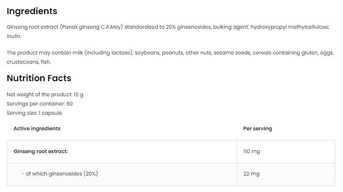 Panax Ginseng 110 mg | Koreňový extrakt 60 kapsúl