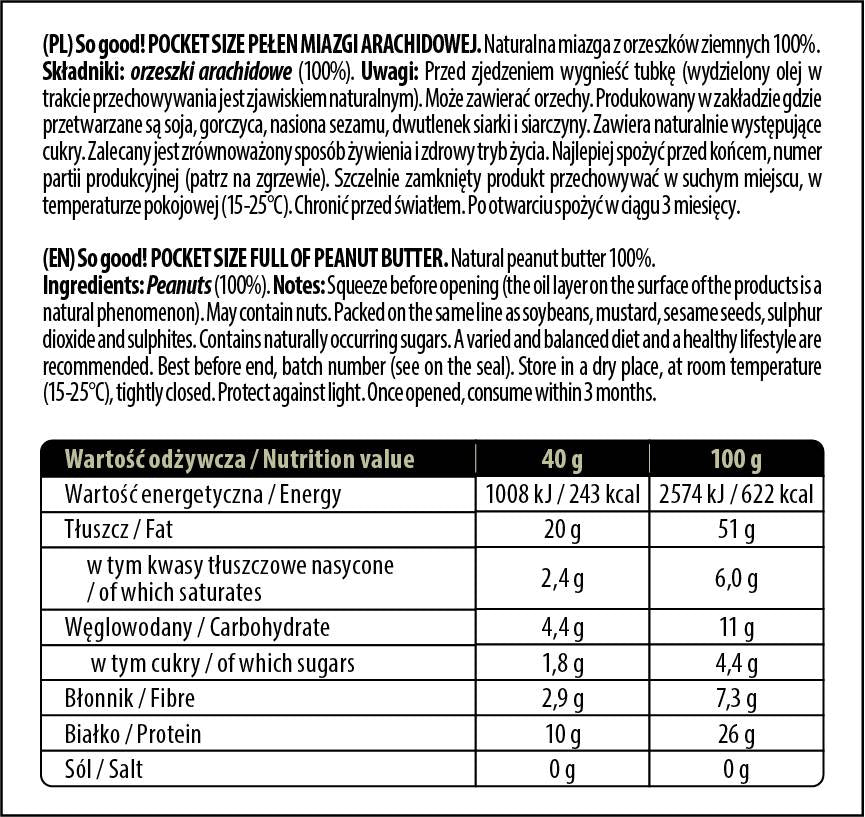 Veľkosť vrecka / plná pasty z arašidového masla / hladko 40 gramov