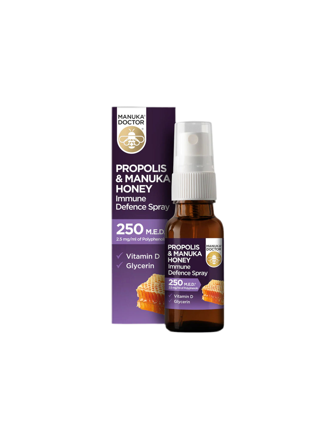 Propolis & Manuka Honey Imunity Defense Spray 250 Med/ krk s propolisom (250 Med), Manuka Honey a vitamín D3, 20 ml