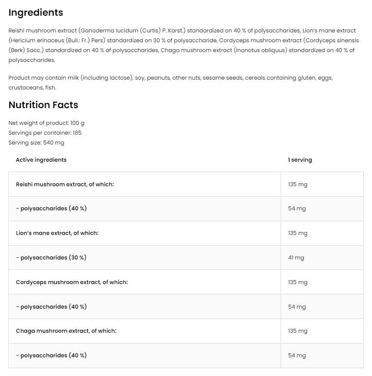 Quatro Huub Blend Prášok Lion's manél ~ reishi ~ Cordyceps ~ Chaga 100 gramov