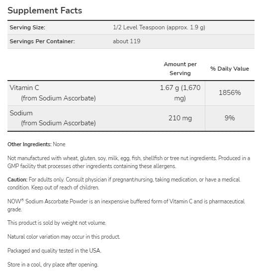 Prášok askorbátu sodného Čistý, pufrovaný vitamín C - 227 gramov