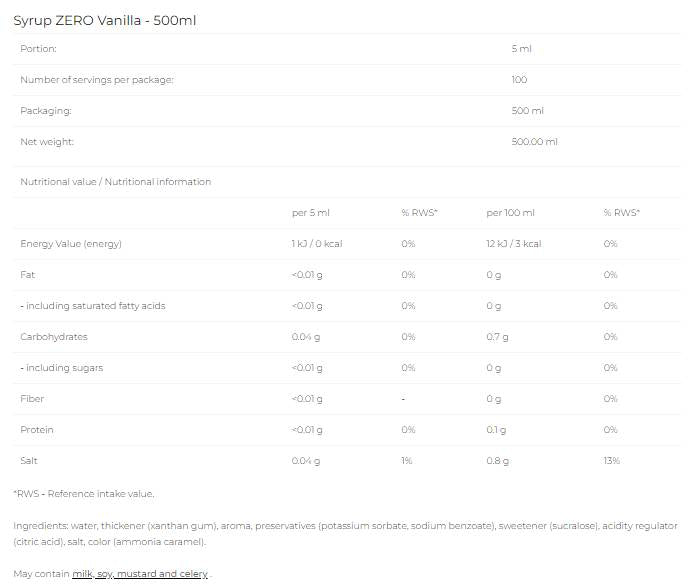 Sirup nula - vanilka - 500 ml