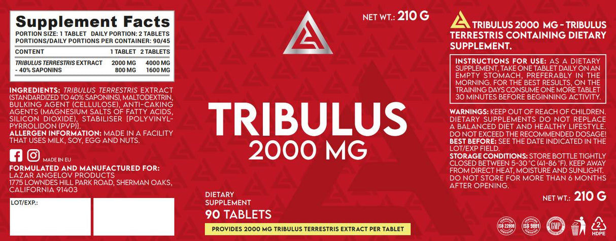 Tribulus 2000 mg | Mega Dose Tribulus Terrestris extrakt - 90 tabliet