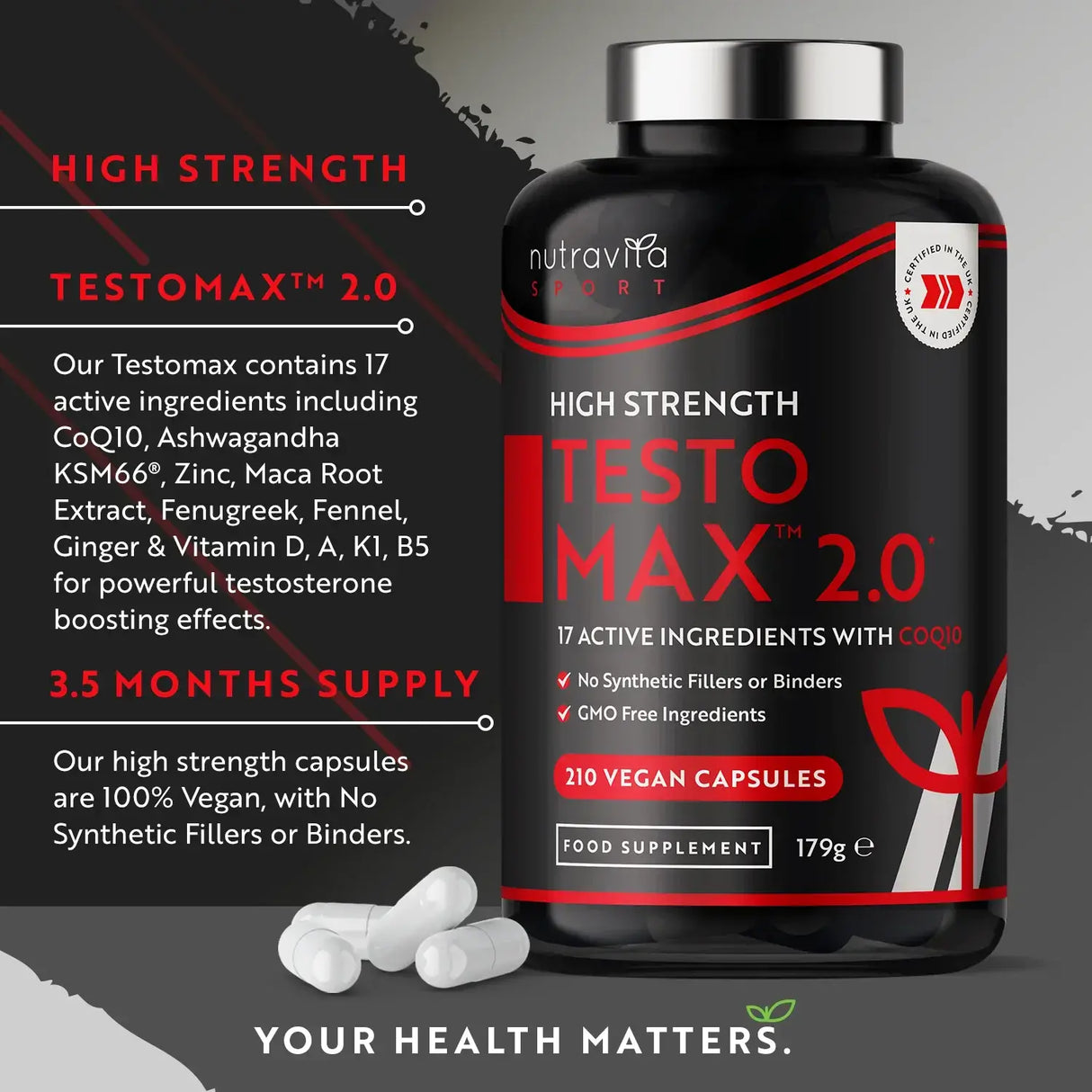 TESTOMAX™ 2.0 /210 kapsúl, 105 dní/ s Ashwagandha KSM 66®, CoQ10 a koreňom Maca <tc>Nutravita</tc>