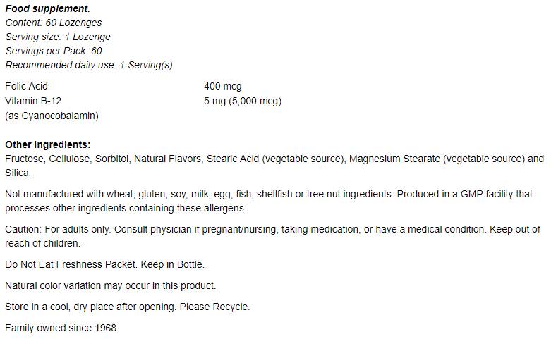 Vitamín B -12 5000 mcg s kyselinou listovou - 60 sublingválnymi tabletami