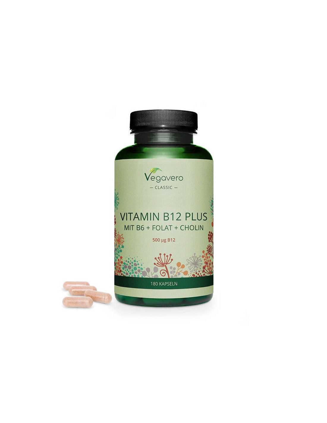 Vitamín B12 Plus (Mit B6+ Folate + Cholin) - Vitamín B12 + vitamín B6, folát a cholín, 180 kapsúl <tc>Vegavero</tc>