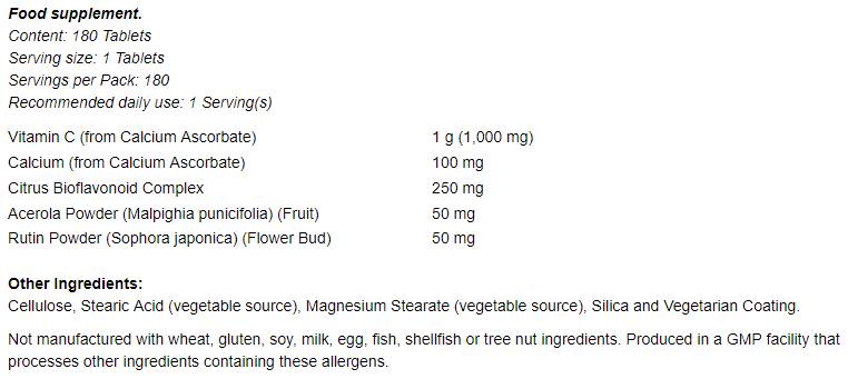 Komplex vitamínu C -1000 - pufrovaný s 250 mg bioflavonoidmi - 180 tabliet
