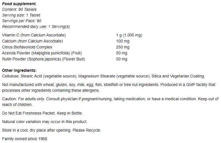 Komplex vitamínu C -1000 - pufrovaný s 250 mg bioflavonoidmi - 180 tabliet
