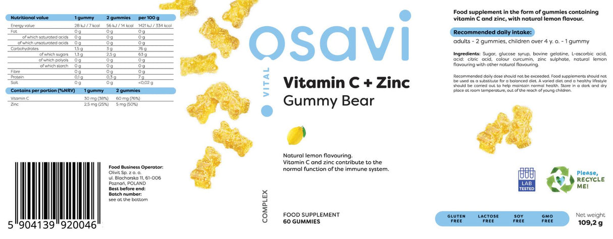 Vitamín C + zinok Gummy Bear - 60 gumových cukroviniek