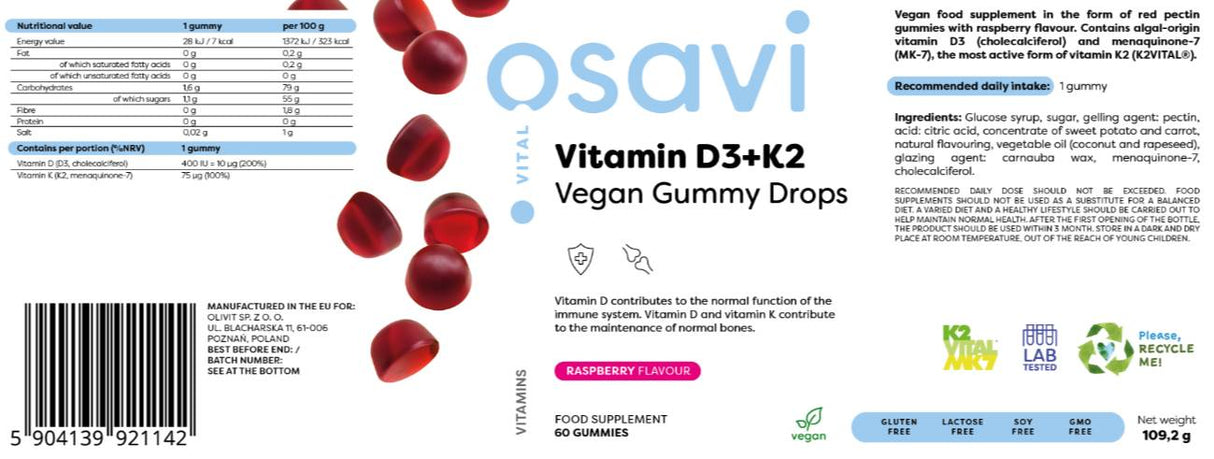 Vitamín D3 400 IU + K2 75 MCG | Vegánske gumové kvapky - 60 cukroviniek