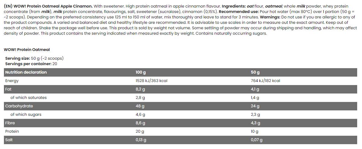 WOW! Proteínové ovsené vločky 20% proteín - pridaný bez cukru - 1 000 gramov
