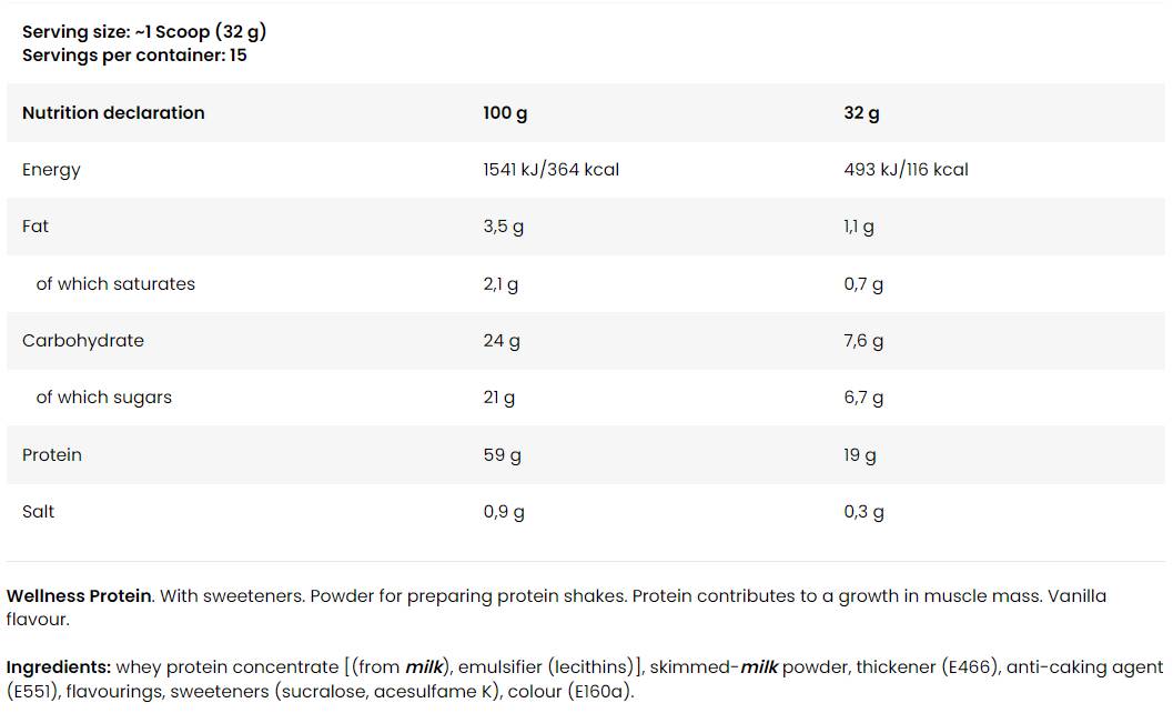 Wellness proteín so 100% koncentrátom srvátkového proteínu - 480 gramov