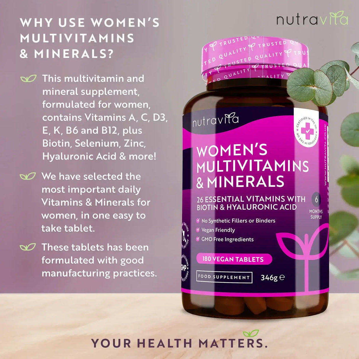 Multivitamíny žien s biotínom a kyselinou hyalurónovou 180 vegánskymi tabletami