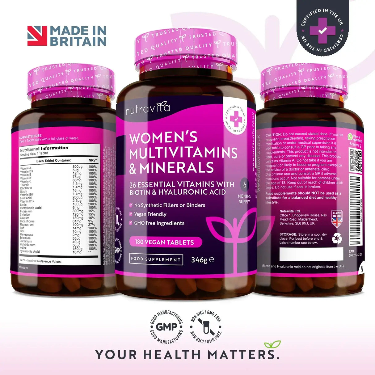 Multivitamíny žien s biotínom a kyselinou hyalurónovou 180 vegánskymi tabletami