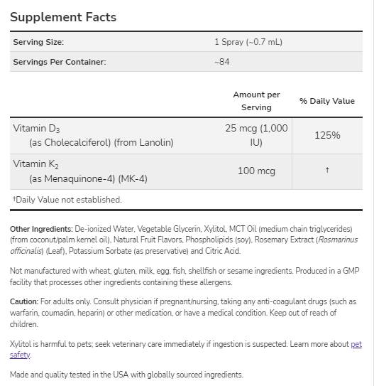Vitamín D-3 1000 IU a K-2 100 mcg | Lipozomálny sprej - 59 ml