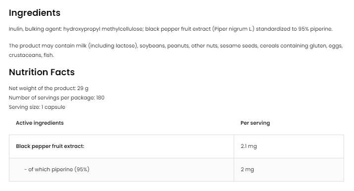 Piperine 95 VEGE | 2 mg 180 kapsúl