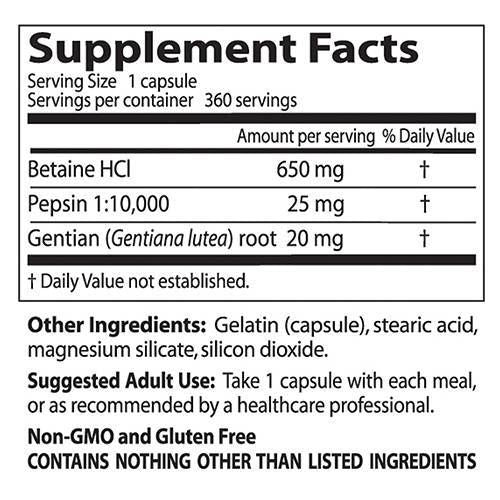 Najlepšie betaine HCl 650 mg / s bittermi Pepsin a Gentian - 360 kapsúl