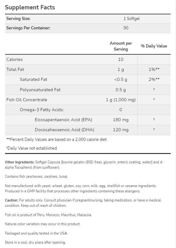 Omega -3 enterické potiahnuté - 180 Softgels